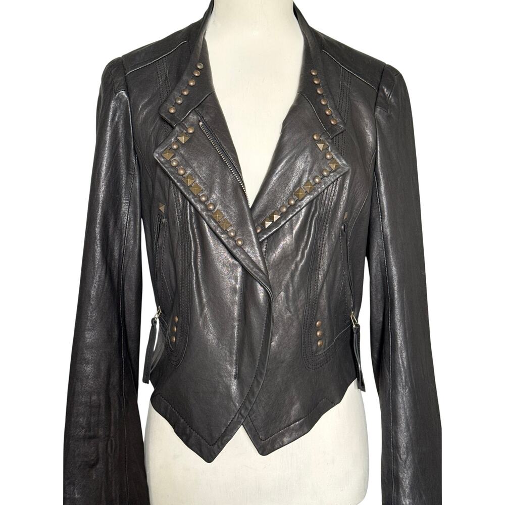 1st Avenue Womens Lambskin Leather Studded Moto Jacket Black Cropped Large EUC - Picture 8 of 16